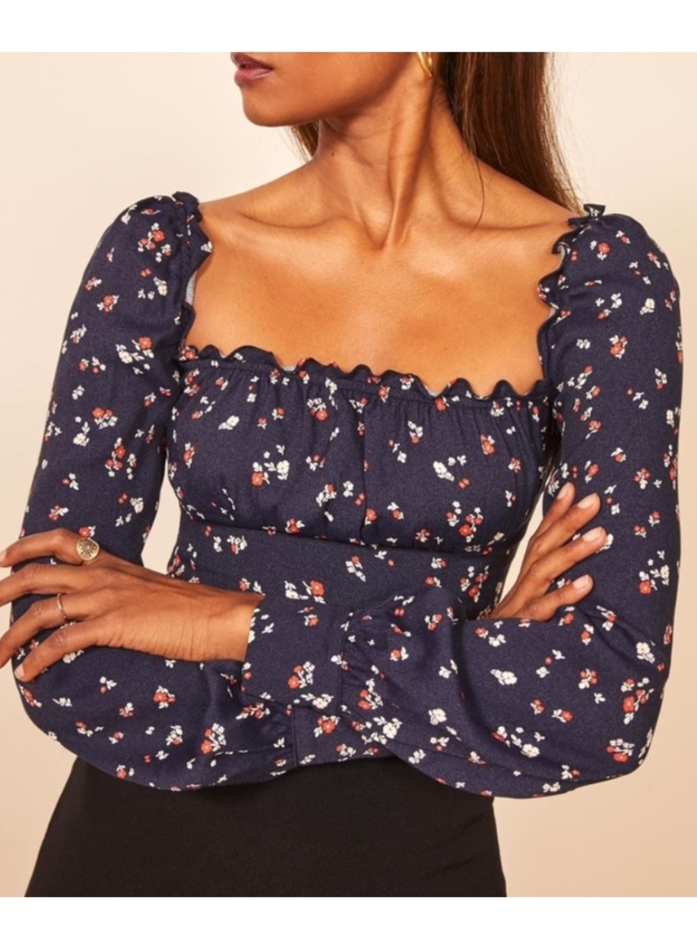 Reformation Matteo Floral Long Sleeve Navy‎ Smocked Top